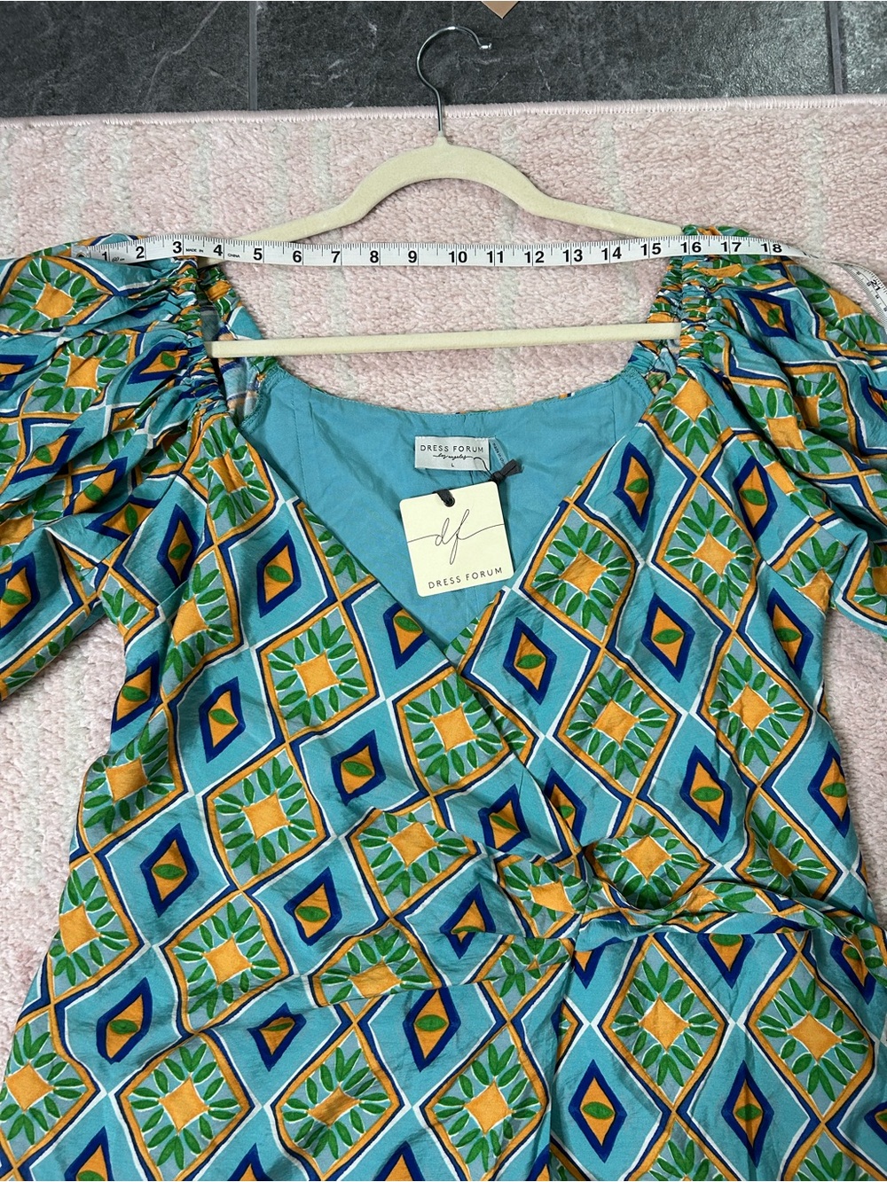 Dress Forum Aqua and Green Geometric Wrap Mini Dress Size Large NWT Vacation - Picture 8 of 14